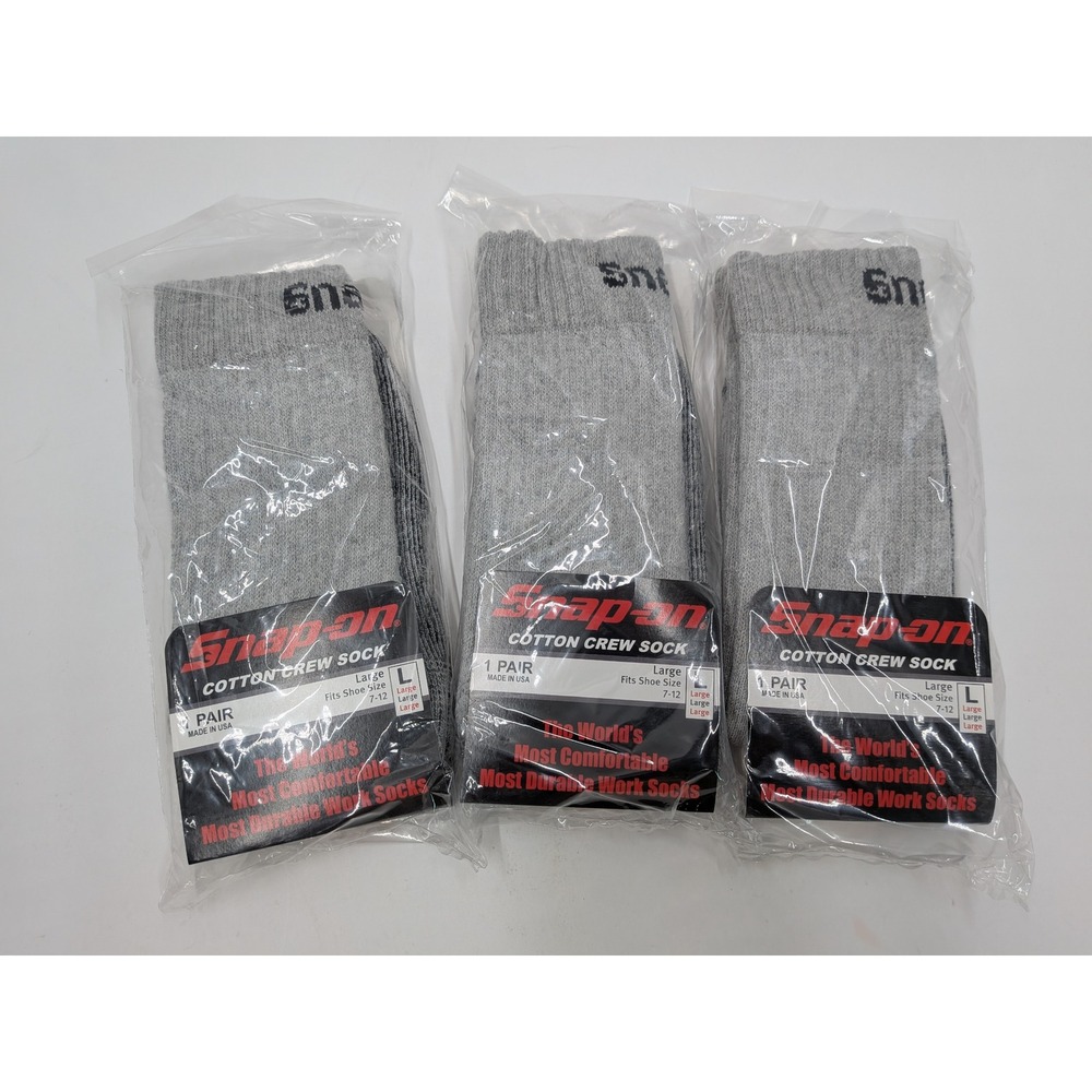 Snap-on Tools Mens Cotton Crew Socks 3 Pair Bundle Gray Cushioned Work Socks L